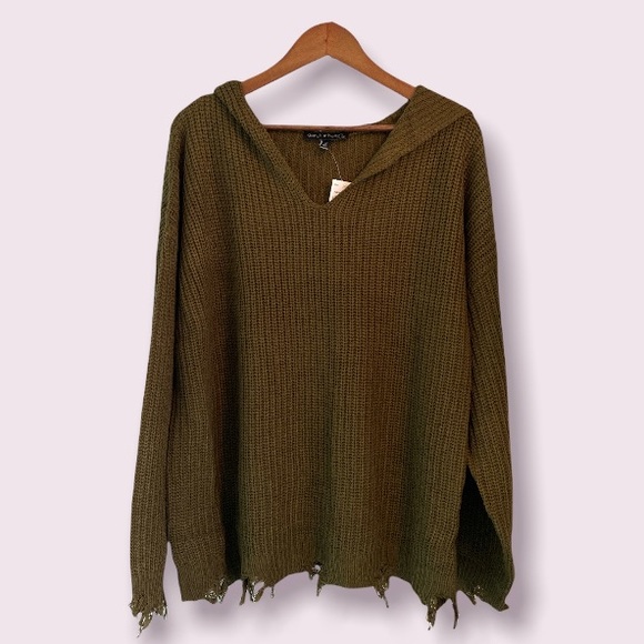 Derek Heart Plus Olive Green Deconstructed Cable Knit Hoodie